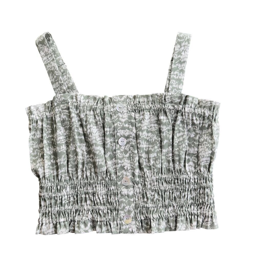 ENTRO Cropped Button Front Smocked Sleeveless Top Sage Green Floral Women's Sz M